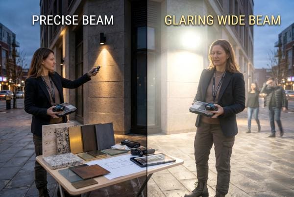 A comparison of a precise beam vs a glaring wide beam